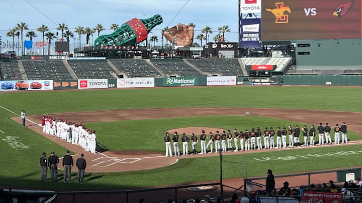 The national anthem is finished off at beautiful Oracle Park, moments before the 2025 San Francisco Section baseball title game between two-time defending champion Lowell (white uniforms) and Lincoln. 