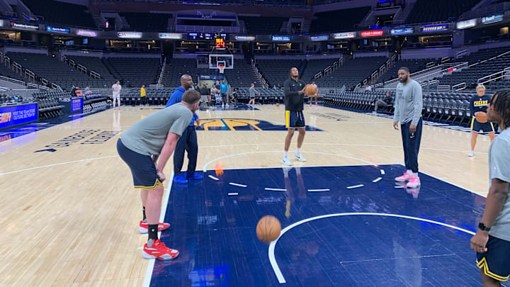 Indiana Pacers center Myles Turner warms up before the Indiana Pacers host the Brooklyn Nets on April 1, 2024. (Mandatory Photo Credit: AllPacers)