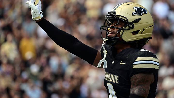 Purdue Boilermakers defensive back Hudauri Hines (4) gestures to the student section. Purdue Boilermakers defensive back Hudauri Hines (4) gestures to the student section.
