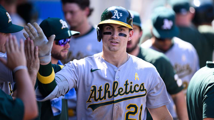 Sep 7, 2025; Anaheim, California, USA; Athletics left fielder Tyler Soderstrom (21) is greeted by teammates after hitting a home run against the Los Angeles Angels during the seventh inning at Angel Stadium. Mandatory Credit: William Liang-Imagn Images Sep 7, 2025; Anaheim, California, USA; Athletics left fielder Tyler Soderstrom (21) is greeted by teammates after hitting a home run against the Los Angeles Angels during the seventh inning at Angel Stadium. Mandatory Credit: William Liang-Imagn Images