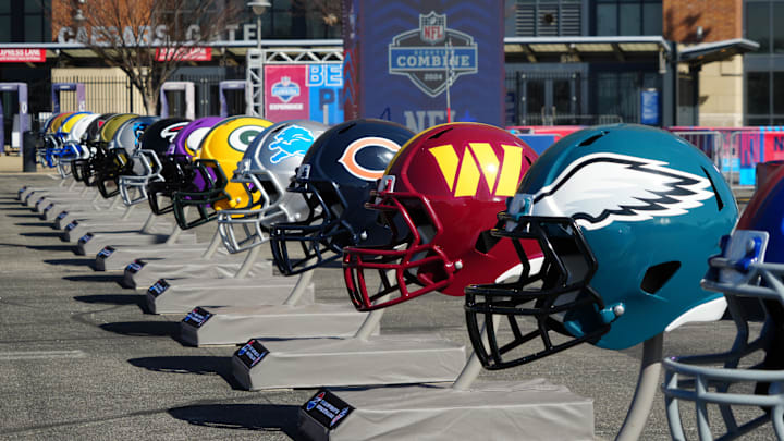 Feb 28, 2024; Indianapolis, IN, USA; A general view of large Philadelphia Eagles, Washington Commanders and Chicago Bears helmets at the NFL Scouting Combine Experience at Lucas Oil Stadium. Mandatory Credit: Kirby Lee-Imagn Images Feb 28, 2024; Indianapolis, IN, USA; A general view of large Philadelphia Eagles, Washington Commanders and Chicago Bears helmets at the NFL Scouting Combine Experience at Lucas Oil Stadium. Mandatory Credit: Kirby Lee-Imagn Images