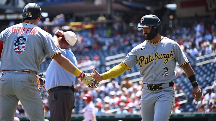 Jul 4, 2026; Washington, District of Columbia, USA; Pittsburgh Pirates third baseman Nick Gonzales (3) celebrates scoring a run with shortstop Konnor Griffin (6) against the Washington Nationals during the second inning at Nationals Park. Mandatory Credit: Rafael Suanes-Imagn Images Jul 4, 2026; Washington, District of Columbia, USA; Pittsburgh Pirates third baseman Nick Gonzales (3) celebrates scoring a run with shortstop Konnor Griffin (6) against the Washington Nationals during the second inning at Nationals Park. Mandatory Credit: Rafael Suanes-Imagn Images