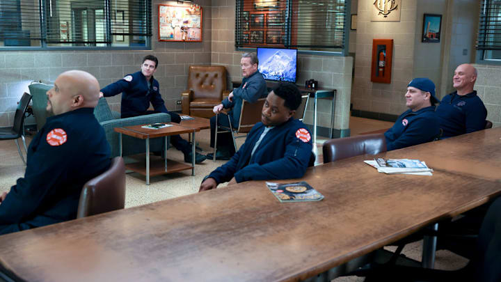 CHICAGO FIRE -- "Trapped" Episode 12003 -- Pictured: (l-r) Joe Minoso as Joe Cruz, Jake Lockett as Sam Carver, Christian Stolte as Randy "Mouch" McHolland, Daniel Kyri as Darren Ritter, Anthony Ferraris as Tony, Randy Flagler as Capp -- (Photo by: Adrian S Burrows Sr/NBC)