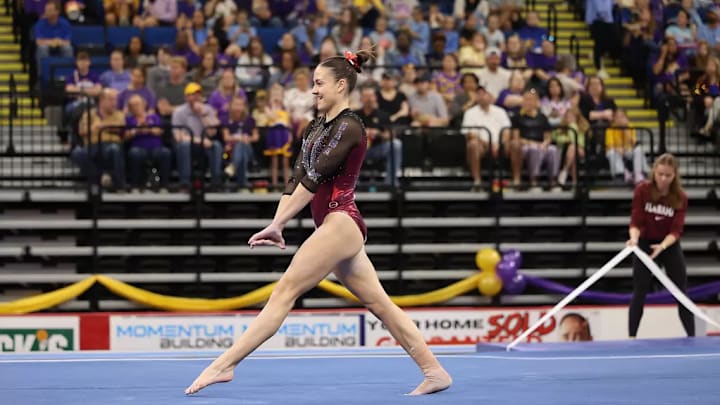 Alabama Gymnast Gabby Gladieux (Sr.) in action against LSU, North Carolina, and Arizona during the P&G Podium Challenge at Raising Cane's River Center in Baton Rouge, LA on Sunday, Mar 1, 2026. Alabama Gymnast Gabby Gladieux (Sr.) in action against LSU, North Carolina, and Arizona during the P&G Podium Challenge at Raising Cane's River Center in Baton Rouge, LA on Sunday, Mar 1, 2026.