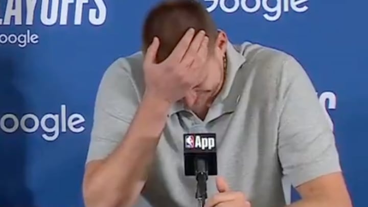 Nikola Jokic laughs about what his final shot attempt became. Nikola Jokic laughs about what his final shot attempt became.