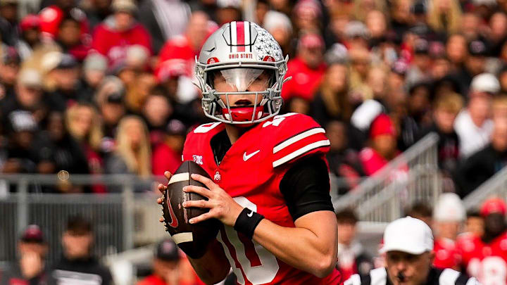 Ohio State Buckeyes quarterback Julian Sayin (10) looks to make a pass in the first half at Ohio Stadium on Saturday, Nov. 1, 2025 in Columbus, Ohio.