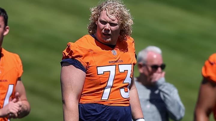 May 23, 2024; Englewood, CO, USA; Denver Broncos tackle Frank Crum (73) during organized team activities at Centura Health Training Center. Mandatory Credit: Isaiah J. Downing-Imagn Images