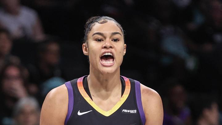 Jul 25, 2025; Brooklyn, New York, USA;  Phoenix Mercury forward Satou Sabally (0) reacts after the New York Liberty call a timeout in the first quarter at Barclays Center. Mandatory Credit: Wendell Cruz-Imagn Images