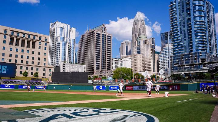 Charlotte, NC — Truist Field while the Hokies are warming up for their first game in the ACC Tournament, 2026.