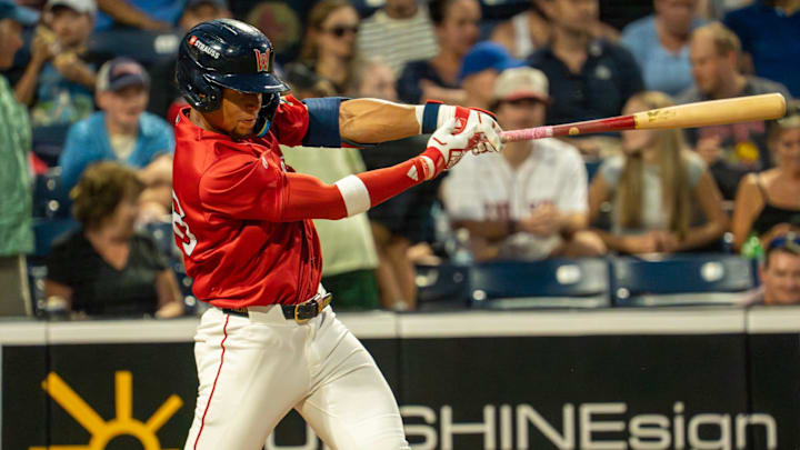 Worcester’s Kristian Campbell hits a two-run home run in the fifth inning against Lehigh Valley July 29 at Polar Park.