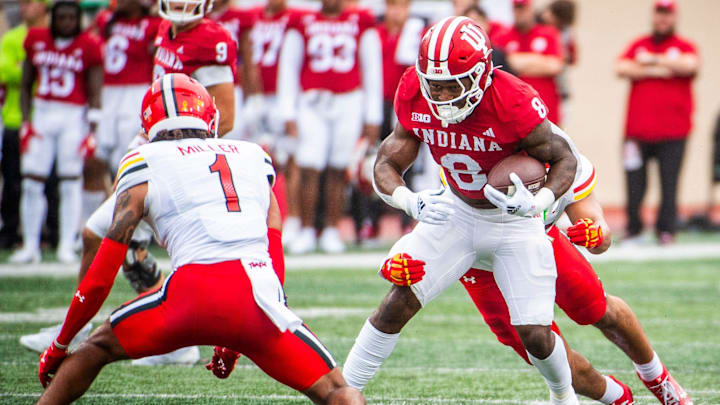 Indiana's Kaelon Black (8) runs during the Indiana versus Maryland football game at Memorial Stadium on Saturday, Sept. 28, 2024. Indiana and Maryland will play again in 2025.