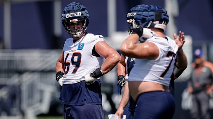 Jul 23, 2025; Englewood, CO, USA; Denver Broncos offensive tackle Mike McGlinchey (69) during Denver Broncos Training Camp. Jul 23, 2025; Englewood, CO, USA; Denver Broncos offensive tackle Mike McGlinchey (69) during Denver Broncos Training Camp.
