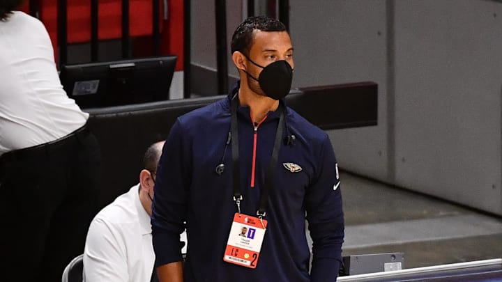 Dec 14, 2020; Miami, Florida, USA; New Orleans Pelicans general manager Trajan Langdon: Jasen Vinlove-USA TODAY Sports