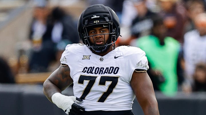 Apr 19, 2025; Boulder, CO, USA; Colorado Buffaloes offensive tackle Jordan Seaton (77) during the spring game at Folsom Field. Mandatory Credit: Isaiah J. Downing-Imagn Images