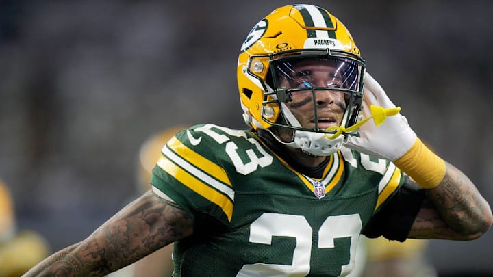 Green Bay Packers cornerback Jaire Alexander (23) reacts after intercepting a pass during the first quarter of the wild card playoff game against the Dallas Cowboys Sunday, January 14, 2024 at AT&T Stadium in Arlington, Texas. Green Bay Packers cornerback Jaire Alexander (23) reacts after intercepting a pass during the first quarter of the wild card playoff game against the Dallas Cowboys Sunday, January 14, 2024 at AT&T Stadium in Arlington, Texas.
