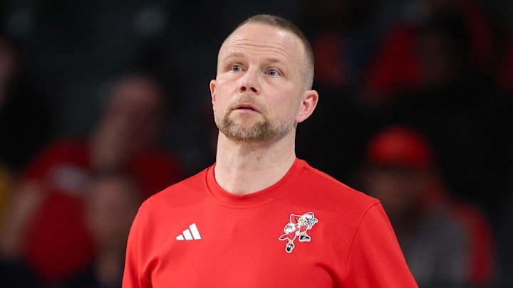 Feb 1, 2025; Atlanta, Georgia, USA; Louisville Cardinals head coach Pat Kelsey on the sideline against the Georgia Tech Yellow Jackets in the first half at McCamish Pavilion. 
