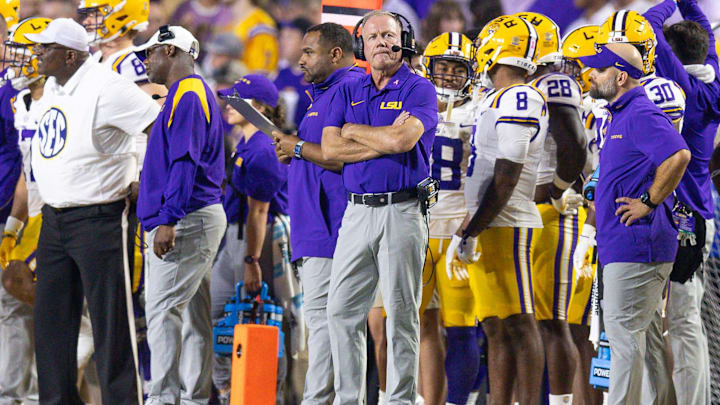 Oct 12, 2024; Baton Rouge, Louisiana, USA; LSU Tigers head coach Brian Kelly looks on during the second half against the Mississippi Rebels at Tiger Stadium. Mandatory Credit: Stephen Lew-Imagn Images Oct 12, 2024; Baton Rouge, Louisiana, USA; LSU Tigers head coach Brian Kelly looks on during the second half against the Mississippi Rebels at Tiger Stadium. Mandatory Credit: Stephen Lew-Imagn Images