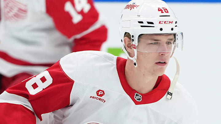 Apr 17, 2025; Toronto, Ontario, CAN; Detroit Red Wings right wing Jonatan Berggren (48) skates during the warmup before a game against the Toronto Maple Leafs at Scotiabank Arena. Mandatory Credit: Nick Turchiaro-Imagn Images