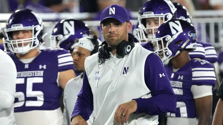Sep 5, 2026; Evanston, Illinois, USA;  Northwestern Wildcats head coach David Braun looks on during the first half against the South Dakota State Jackrabbits at Northwestern Medicine Field at Martin Stadium.  Mandatory Credit: David Banks-Imagn Images