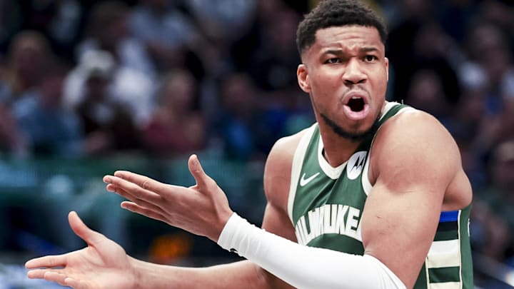 Mar 1, 2025; Dallas, Texas, USA;  Milwaukee Bucks forward Giannis Antetokounmpo (34) reacts against the Dallas Mavericks during the first half at American Airlines Center. Mandatory Credit: Kevin Jairaj-Imagn Images