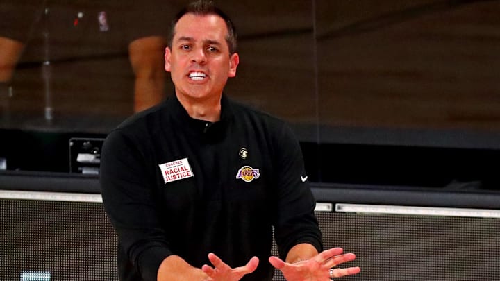 Oct 9, 2020; Lake Buena Vista, Florida, USA; Los Angeles Lakers head coach Frank Vogel reacts during the second quarter against the Miami Heat in game five of the 2020 NBA Finals at AdventHealth Arena. Mandatory Credit: Kim Klement-Imagn Images