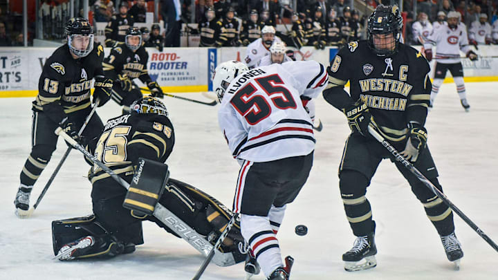 St. Cloud State's Mika Ilvonen tries to get control of the puck in front of the Western Michigan University goal during the Saturday, Jan. 19, game at the Herb Brooks National Hockey Center in St. Cloud. 

Scsu Hock 1