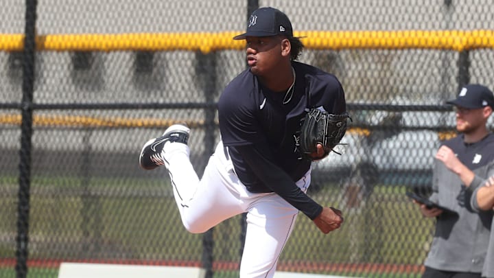 Detroit Tigers pitchers and catchers went through drills and a bullpen session during spring training Wednesday, Feb. 15, 2023 in Lakeland, Fla. Pitcher Elvis Alvarado throws during his bullpen session.

Tigers3 021523 Kd1621