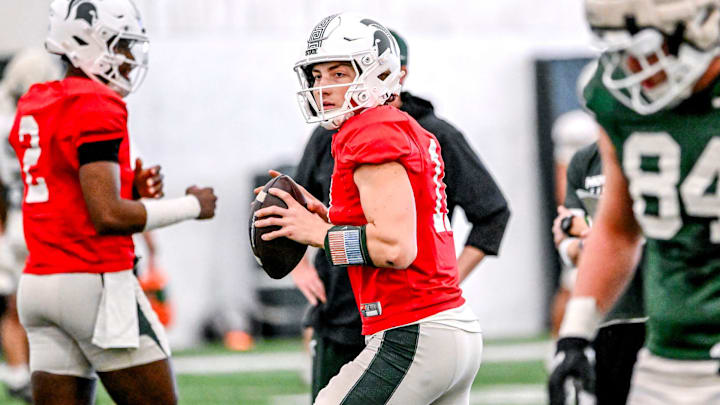 Michigan State quarterback Alessio Milivojevic looks to throw during football practice on Tuesday, April 8, 2025, in East Lansing.