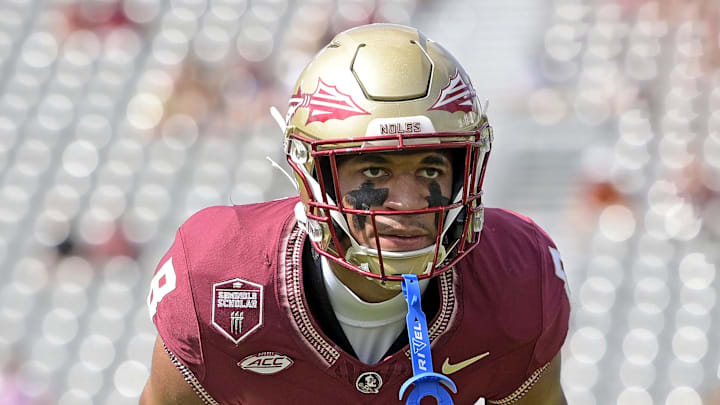 Sep 14, 2024; Tallahassee, Florida, USA; Florida State Seminoles defensive back Azareye'h Thomas (8) warms up before a game against the Memphis Tigers at Doak S. Campbell Stadium. Mandatory Credit: Melina Myers-Imagn Images Sep 14, 2024; Tallahassee, Florida, USA; Florida State Seminoles defensive back Azareye'h Thomas (8) warms up before a game against the Memphis Tigers at Doak S. Campbell Stadium. Mandatory Credit: Melina Myers-Imagn Images