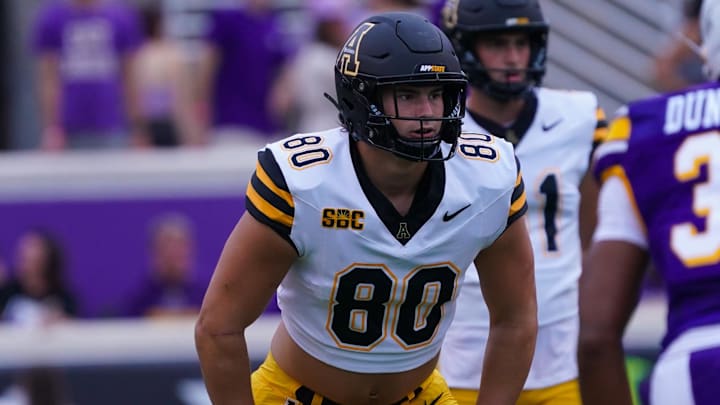 Sep 14, 2024; Greenville, North Carolina, USA; Appalachian State Mountaineers tight end Max Drag (80) looks on against the East Carolina Pirates during the first half at Dowdy-Ficklen Stadium. Mandatory Credit: James Guillory-Imagn Images Sep 14, 2024; Greenville, North Carolina, USA; Appalachian State Mountaineers tight end Max Drag (80) looks on against the East Carolina Pirates during the first half at Dowdy-Ficklen Stadium. Mandatory Credit: James Guillory-Imagn Images