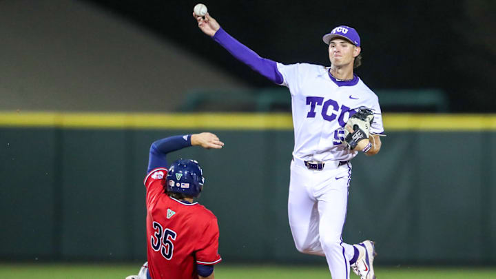 Anthony Silva trying to durn a double play against Fresno State, 03/07/2025