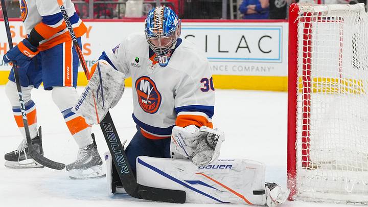 Apr 4, 2026; Raleigh, North Carolina, USA; New York Islanders goaltender Ilya Sorokin (30) stops the shot against the Carolina Hurricanes during the third period at Lenovo Center. Mandatory Credit: James Guillory-Imagn Images Apr 4, 2026; Raleigh, North Carolina, USA; New York Islanders goaltender Ilya Sorokin (30) stops the shot against the Carolina Hurricanes during the third period at Lenovo Center. Mandatory Credit: James Guillory-Imagn Images