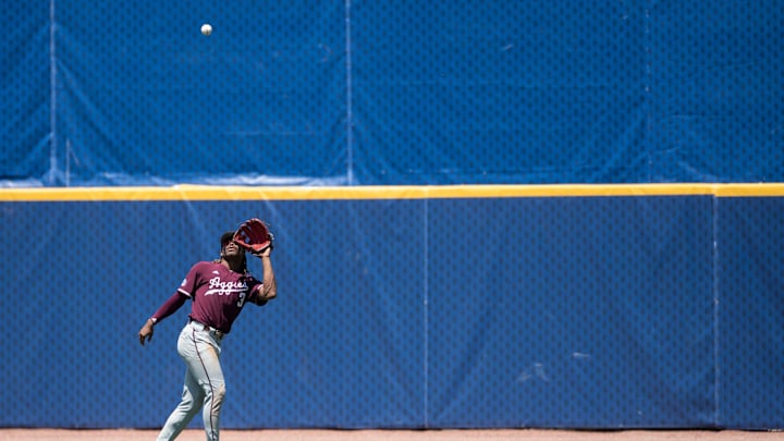 Texas A&M Aggies' Terrence Kiel II (3) catches a fly ball as Auburn Tigers take on Texas A&M Aggies during the SEC baseball tournament at Hoover Met in Birmingham, Ala., on Thursday, May 22, 2025. Texas A&M Aggies defeated Auburn Tigers 3-2. Texas A&M Aggies' Terrence Kiel II (3) catches a fly ball as Auburn Tigers take on Texas A&M Aggies during the SEC baseball tournament at Hoover Met in Birmingham, Ala., on Thursday, May 22, 2025. Texas A&M Aggies defeated Auburn Tigers 3-2.