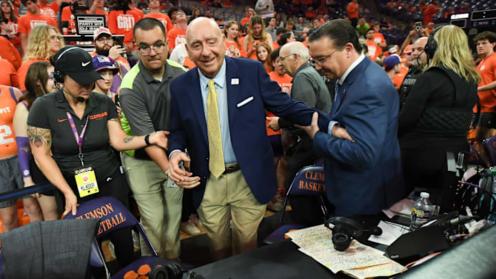 Clemson University student fans welcome ESPN commentator Dick Vitale before the game between the Clemson Tigers and the Duke Blue Devils at Littlejohn Coliseum on Feb 8, 2025 in Clemson, S.C.