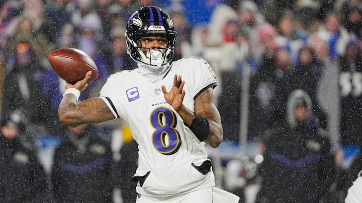 Baltimore Ravens quarterback Lamar Jackson gets off a pass during first half action during the Buffalo Bills divisional game against the Baltimore Ravens at Highmark Stadium in Orchard Park on Jan. 19, 2025.