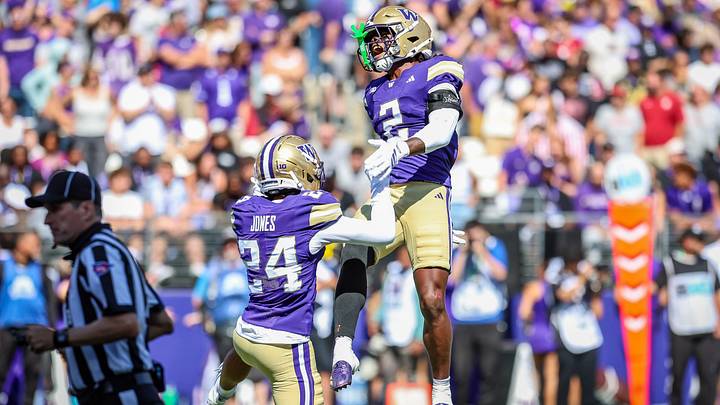 Jeron Jones (24) and Rahshawn Clark (2), often competing for the same UW position, celebrate a big play. Jeron Jones (24) and Rahshawn Clark (2), often competing for the same UW position, celebrate a big play.