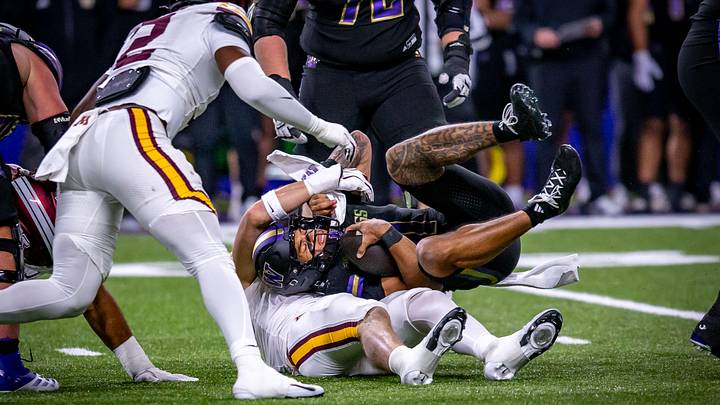 Demond Williams Jr. goes down on one of his seven sacks against Minnesota. Demond Williams Jr. goes down on one of his seven sacks against Minnesota.