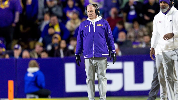 Nov 30, 2024; Baton Rouge, Louisiana, USA;  LSU Tigers head coach Brian Kelly looks on against the Oklahoma Sooners during the fourth quarter at Tiger Stadium. Mandatory Credit: Stephen Lew-Imagn Images