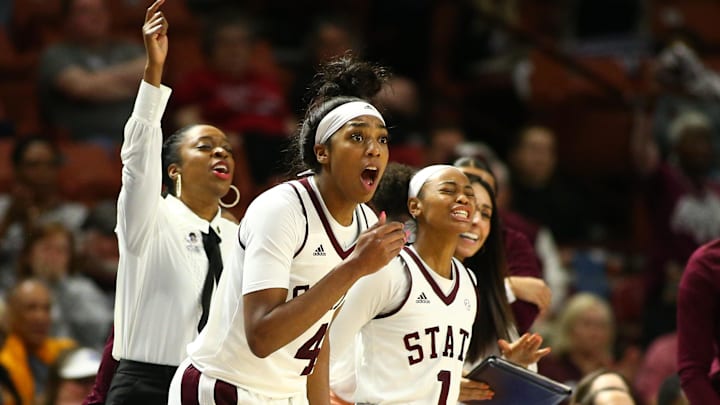 Mar 6, 2020; Greenville, SC, USA; Mississippi State Bulldogs forward Jessika Carter (4) and guard