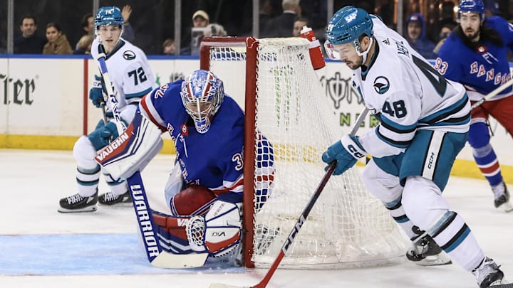 Dec 3, 2023; New York, New York, USA;  New York Rangers goaltender Jonathan Quick (32) defends