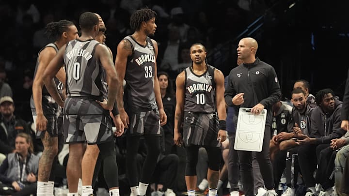 Apr 3, 2025; Brooklyn, New York, USA; Brooklyn Nets head coach Jordi Fernandez speaks to his players at a break in the action during the first half against the Minnesota Timberwolves at Barclays Center. Mandatory Credit: Gregory Fisher-Imagn Images