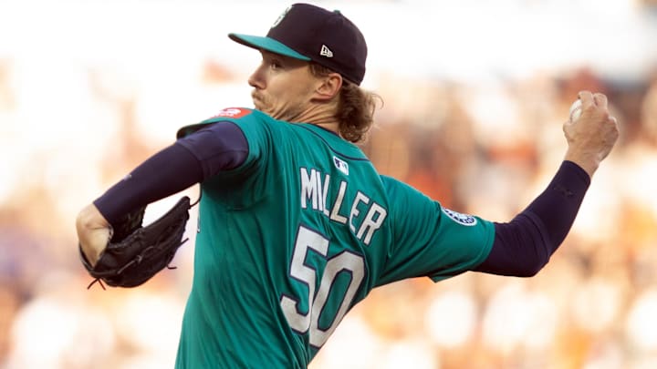 Seattle Mariners pitcher Bryce Miller throws during a game against the San Francisco Giants on April 5 at Oracle Park.