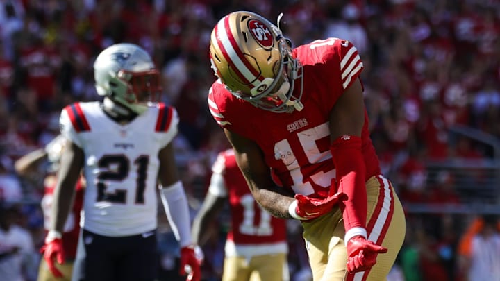Sep 29, 2024; Santa Clara, California, USA; San Francisco 49ers wide receiver Jauan Jennings (15) celebrates after a catch during the third quarter against the New England Patriots at Levi's Stadium. Mandatory Credit: Sergio Estrada-Imagn Images