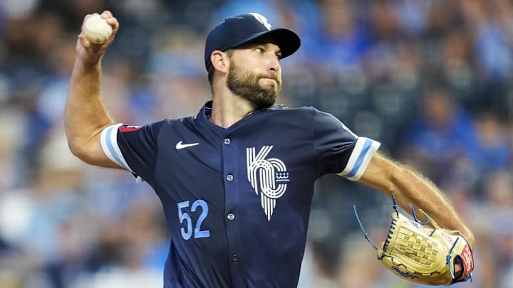 Sep 20, 2024; Kansas City, Missouri, USA; Kansas City Royals starting pitcher Michael Wacha (52) pitches during the first inning against the San Francisco Giants at Kauffman Stadium. Mandatory Credit: Jay Biggerstaff-Imagn Images