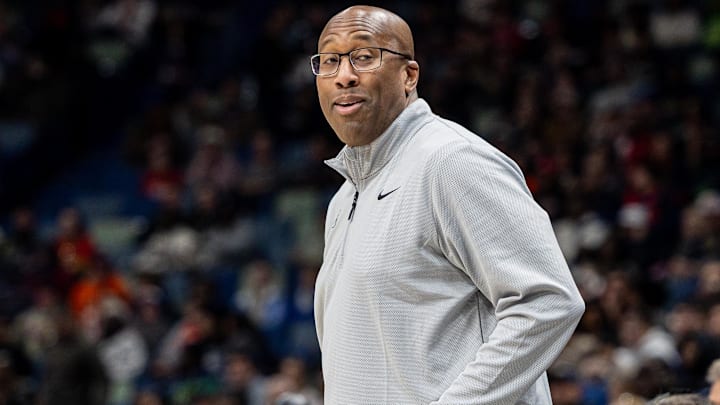Dec 29, 2025; New Orleans, Louisiana, USA;  New York Knicks Head Coach Mike Brown react to a play against the New Orleans Pelicans during the first half at Smoothie King Center.