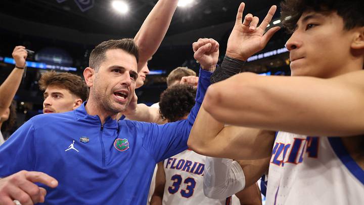 Florida head coach Todd Golden celebrates their 114-55 win over Prairie View A&M during the NCAA March Madness opening round at Benchmark international Arena in Tampa, FL on Friday, March 20, 2026. [Alan Youngblood/Gainesville Sun]