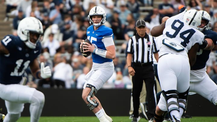 Penn State quarterback Drew Allar looks to throw during the Blue-White Game at Beaver Stadium. 