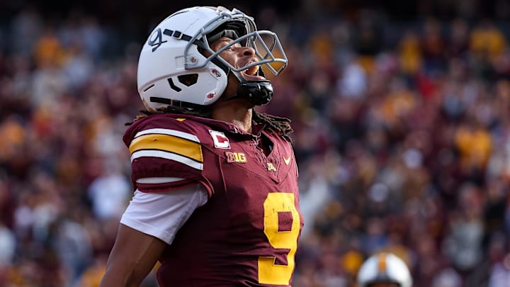 Oct 26, 2024; Minneapolis, Minnesota, USA; Minnesota Golden Gophers wide receiver Daniel Jackson (9) celebrates his touchdown against the Maryland Terrapins during the first half at Huntington Bank Stadium.