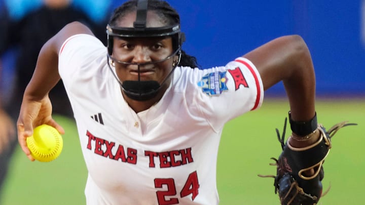Texas Tech starting pitcher NiJaree Canady (24) in Game 2 of the Women's College World Series championship series between the Texas Longhorns at Texas Tech Red Raiders at Devon Park in Oklahoma City, Thursday, June 5, 2025. Texas Tech won 4-3.
