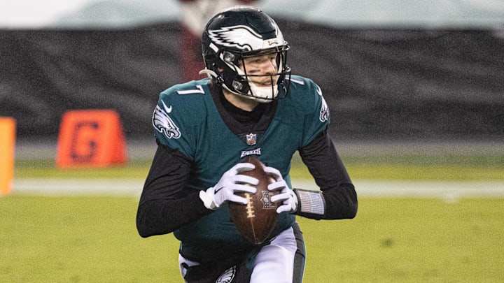 Jan 3, 2021; Philadelphia, Pennsylvania, USA; Philadelphia Eagles quarterback Nate Sudfeld (7) in action against the Washington Football Team at Lincoln Financial Field. Mandatory Credit: Bill Streicher-Imagn Images